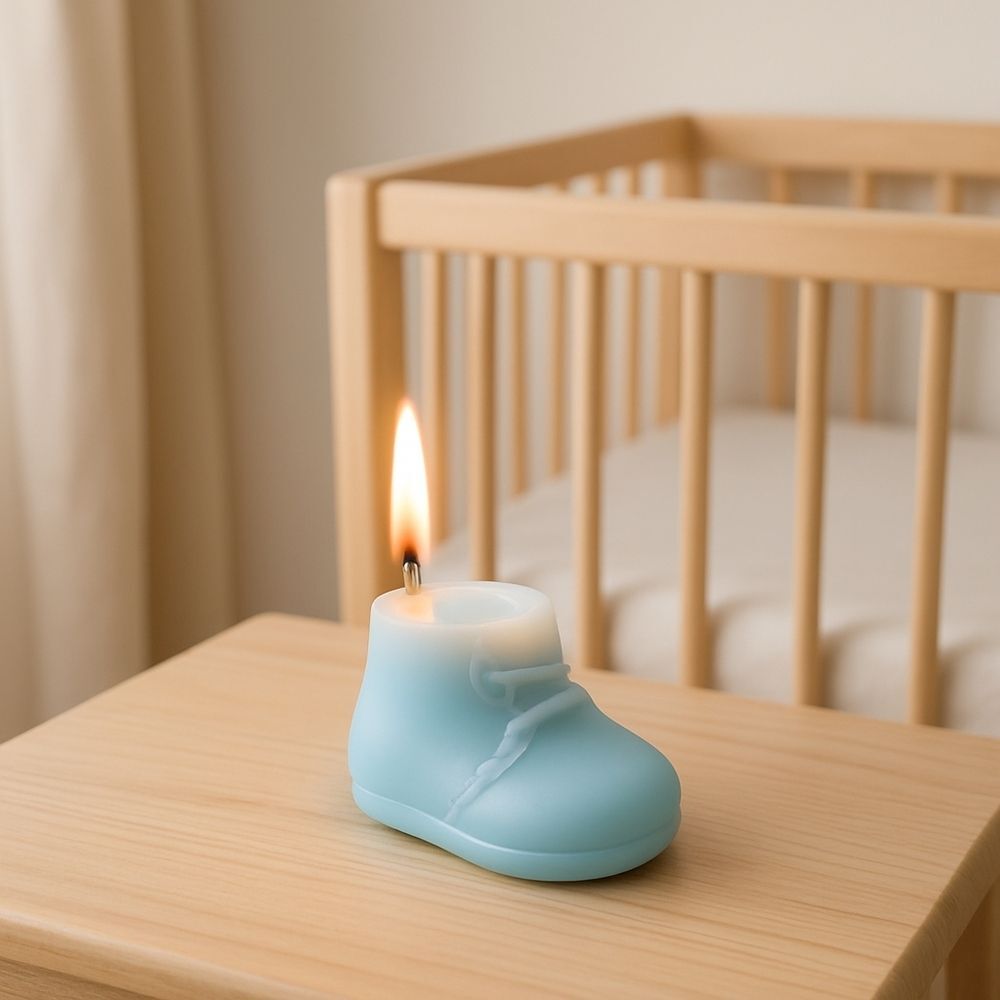 Blue Baby Shoe Gift Candle Sheer Blue Ribbon Bow NWT Nursery Baby Gift Decor